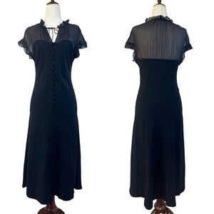 LAFAYETTE 148 Black Button Front Midi Dress Size 8 Silk Sheer Ruffle Classic